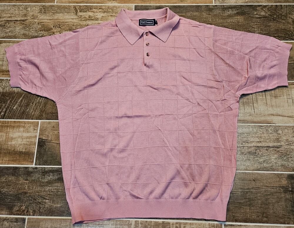 Paul Fredrick XXL Pink Knit Polo Shirt Grid Pattern Casual Top